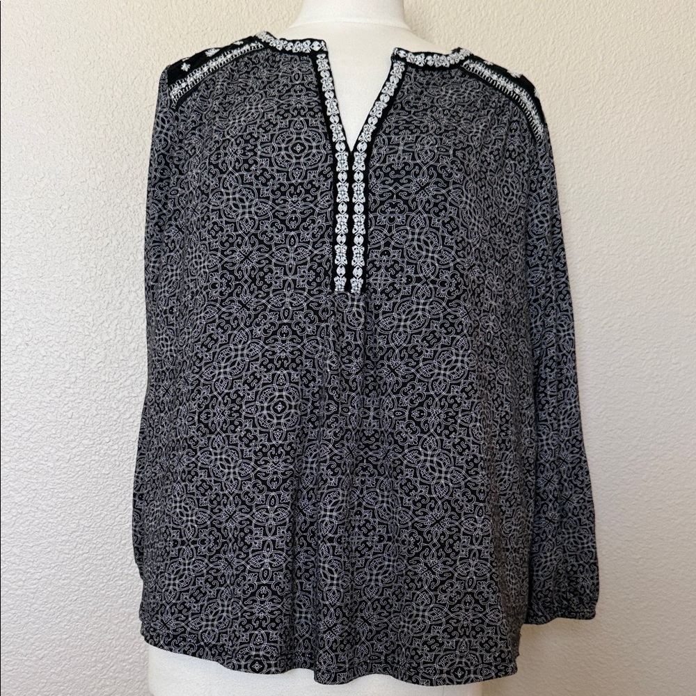 Lucky Brand Black and White 3/4 Sleeve Tunic With Embroidered Detail (sz- 2X)